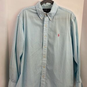 Ralph Lauren size 17  Long sleeve 32/33  Aqua Pin Stripe